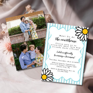 Retro Daisies Blue 2 Photo Adoption Day Courthouse Invitation