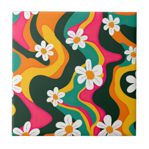 Retro Daisies Colourful 70s Hippie Pattern  Ceramic Tile