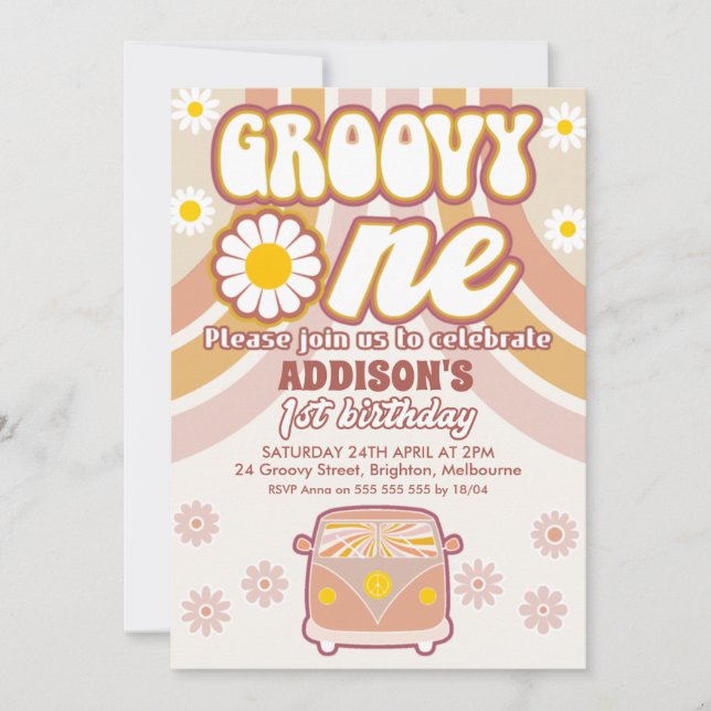 Retro Daisies Combi Groovy One 1st Birthday Invitation (Front)