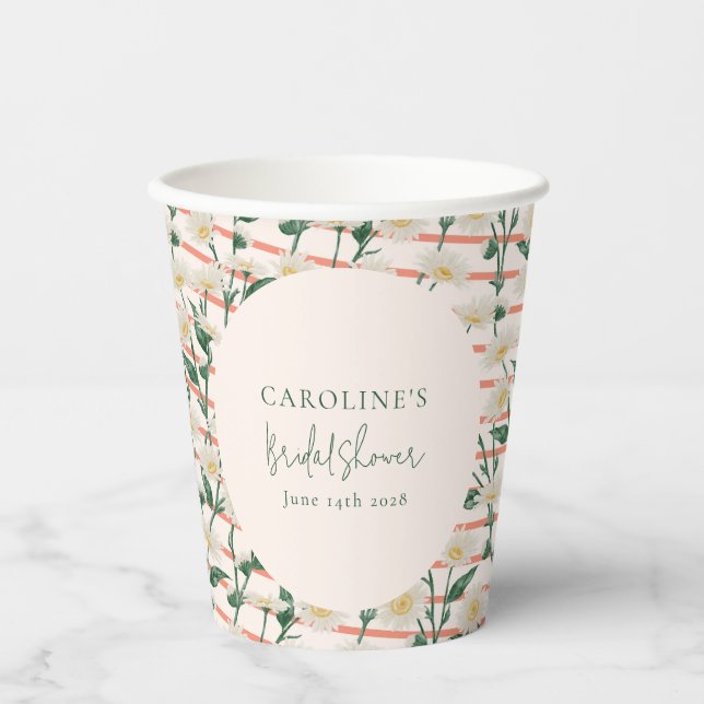 Retro Daisies Floral Green Bridal Shower Custom Paper Cups (Front)