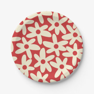Retro Daisies Floral Pattern Red and Cream Paper Plate