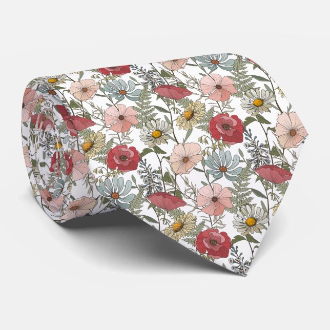 Retro Daisies Flowers Pattern  Tie (Rolled)