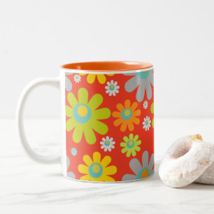 Retro Daisies on Orange Two-Tone Coffee Mug