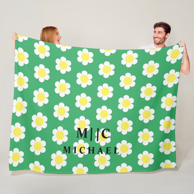 Retro daisies simple modern monogram  fleece blanket (In Situ)