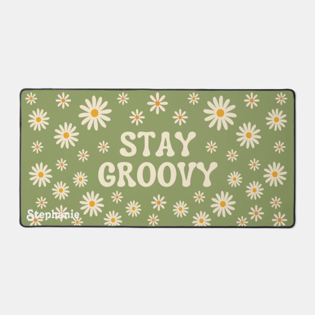 Retro Daisies Stay Groovy Sage Green Script Name Desk Mat (Front)