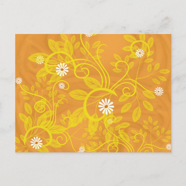 Retro Daisy and Yellow Filigree Over Orange Postcard (Front)