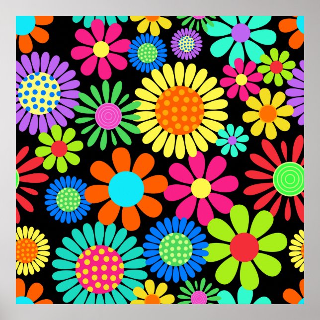 Retro Daisy Blossom Flower Power Pattern Poster (Front)
