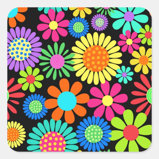 Retro Daisy Blossom Flower Power Pattern Square Sticker (Front)
