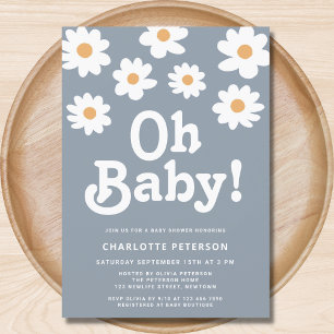 Retro Daisy Blue Baby Shower Invitation