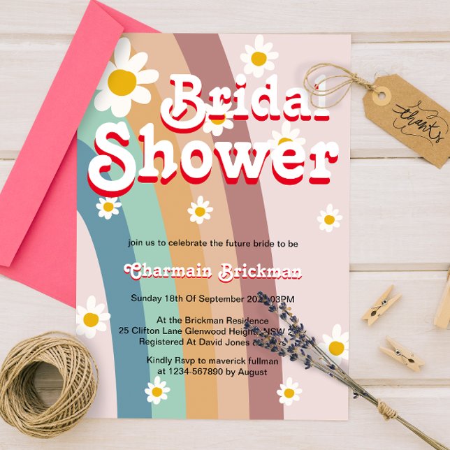Retro Daisy blush Pink Rainbow Bridal shower Invitation (Creator Uploaded)