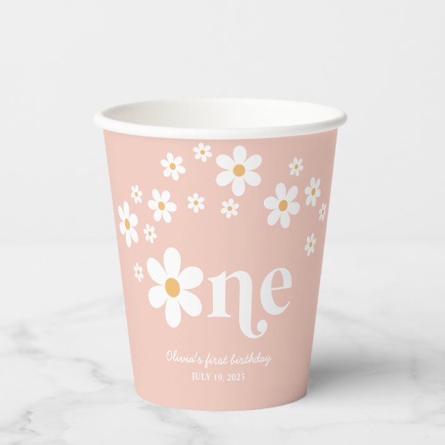 Retro daisy boho 1st birthday paper cups (Front)