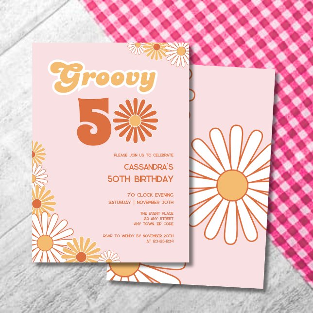 Retro Daisy Boho Orange Pink 50th Birthday Invitation (Creator Uploaded)