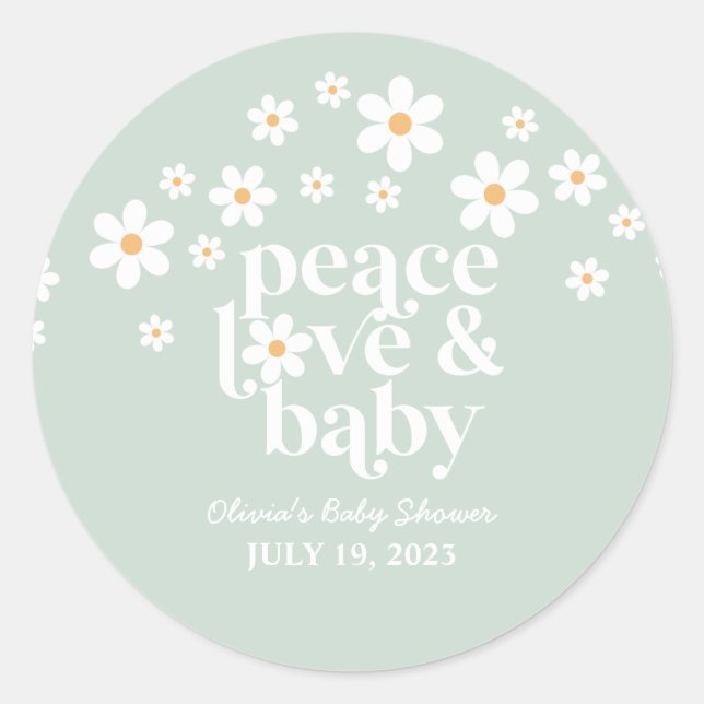 Retro Daisy boho Peace Love Baby Shower Classic Round Sticker (Front)