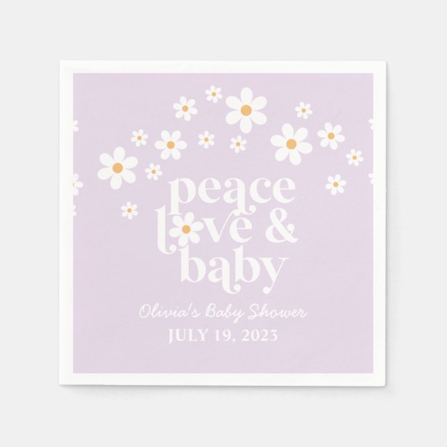Retro Daisy boho Peace Love Baby Shower lilac Napkin (Front)