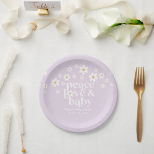 Retro Daisy boho Peace Love Baby Shower lilac Paper Plate
