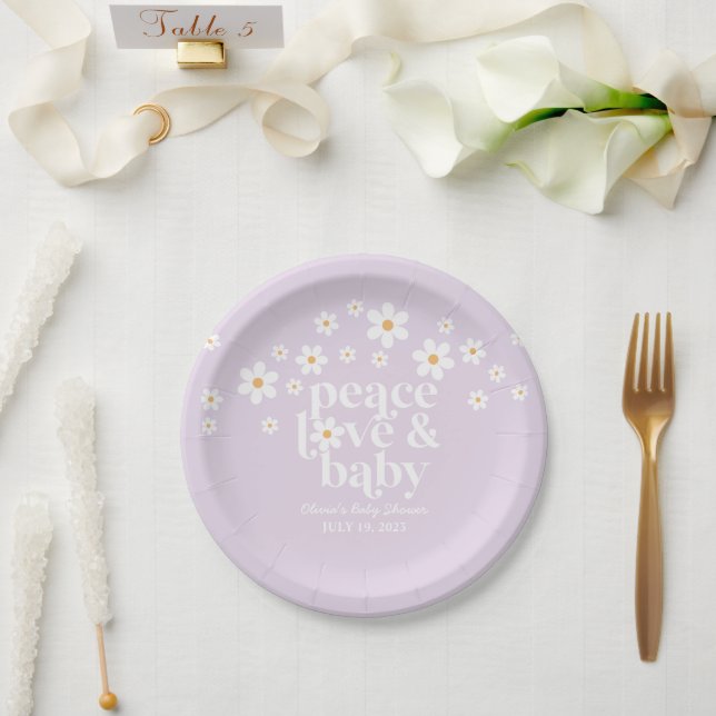 Retro Daisy boho Peace Love Baby Shower lilac Paper Plate (Wedding)