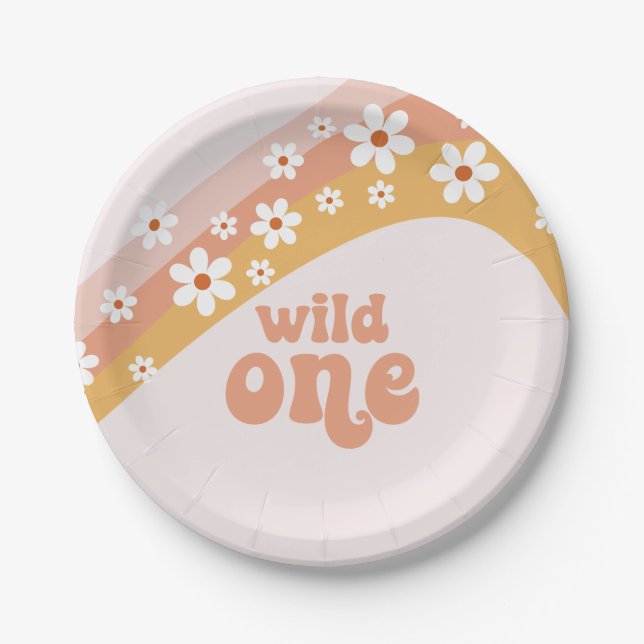 Retro Daisy Boho Wild One Rainbow Paper Plate (Front)