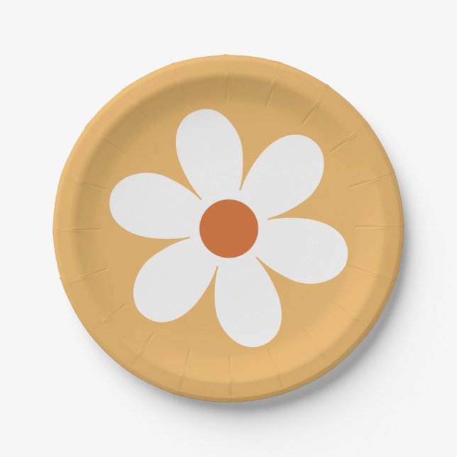 Retro Daisy Boho yellow Paper Plate (Front)