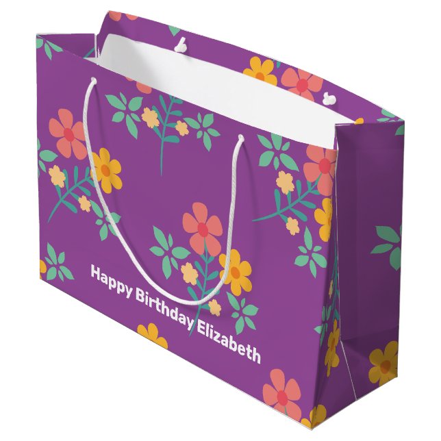 Retro Daisy Bouquet Pattern in Purple Customised Large Gift Bag (Back Angled)
