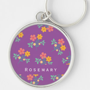 Retro Daisy Bouquet Pattern in Purple Key Ring
