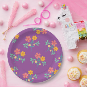 Retro Daisy Bouquet Pattern in Purple Paper Plate