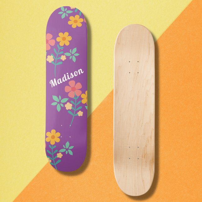 Retro Daisy Bouquet Pattern in Purple Skateboard (Creator Uploaded)