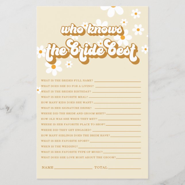 Retro Daisy bridal shower Game Flyer (Front)