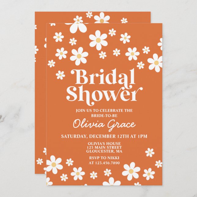 Retro Daisy Burnt Orange Bridal Shower Invitation (Front/Back)