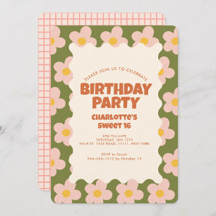 Retro Daisy Chequered Sweet 16 Birthday Party Invitation
