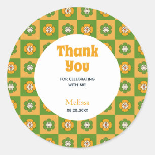 Retro Daisy Floral Checkered Birthday Thank You Classic Round Sticker