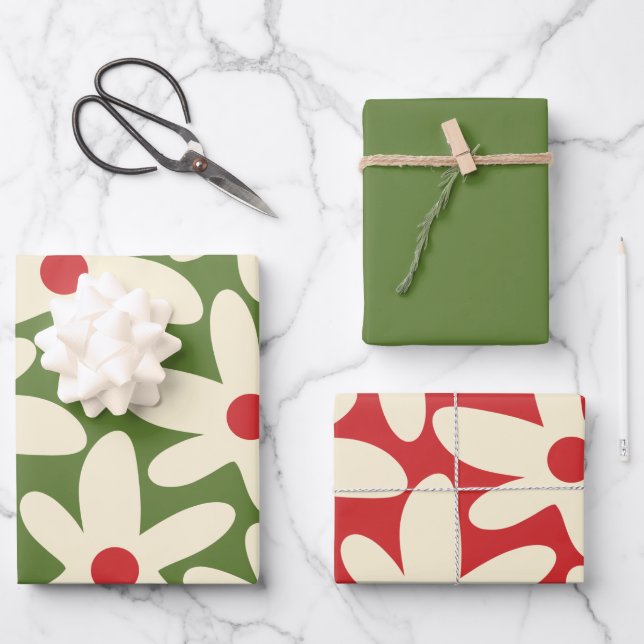 Retro Daisy Floral Christmas Patterns Wrapping Paper Sheet (Front)