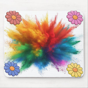 Retro Daisy Floral Colourful Powder Burst White Mouse Pad