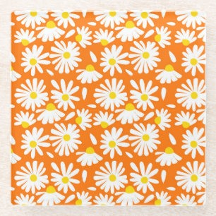 Retro daisy floral: orange vintage. glass coaster