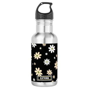 Retro Daisy Floral Pattern Boho Personalised Black 532 Ml Water Bottle