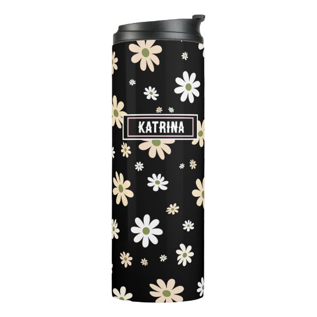 Retro Daisy Floral Pattern Boho Personalised Black Thermal Tumbler (Rotated Left)