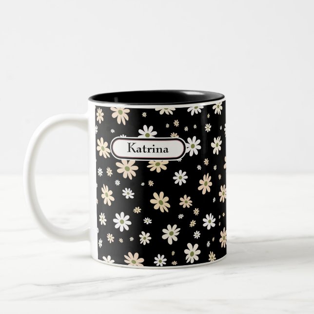 Retro Daisy Floral Pattern Boho Personalised Black Two-Tone Coffee Mug (Left)