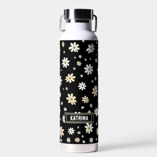 Retro Daisy Floral Pattern Boho Personalised Black Water Bottle