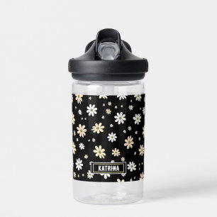 Retro Daisy Floral Pattern Boho Personalised Black Water Bottle