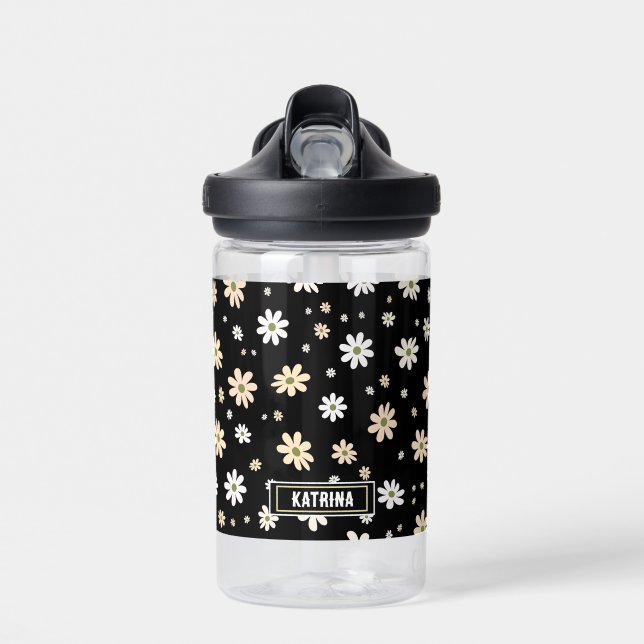 Retro Daisy Floral Pattern Boho Personalised Black Water Bottle (Front)