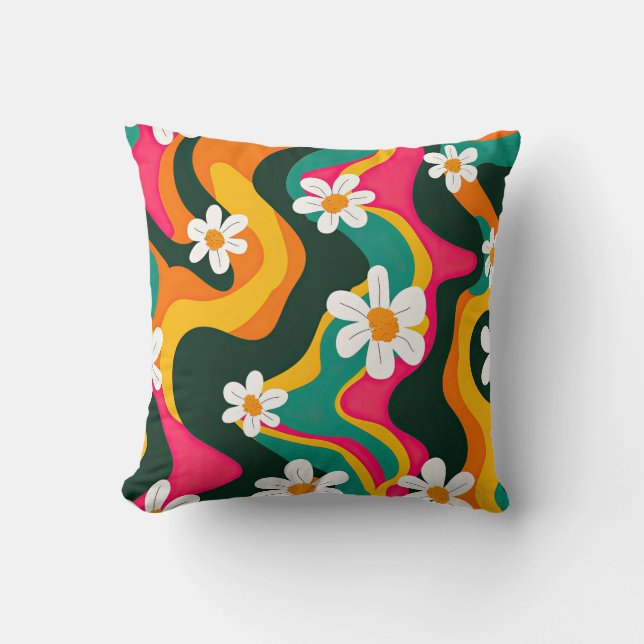 Retro Daisy Floral Pattern Colourful Funky Cushion (Front)