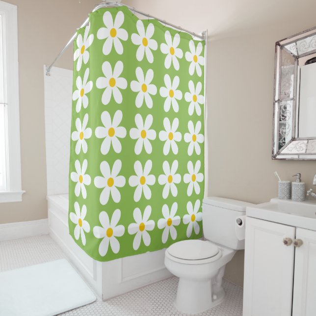 Retro Daisy Floral Pattern Shower Curtain (In Situ)