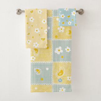 Retro Daisy Floral Pattern Yellow and Blue Bath Towel Set