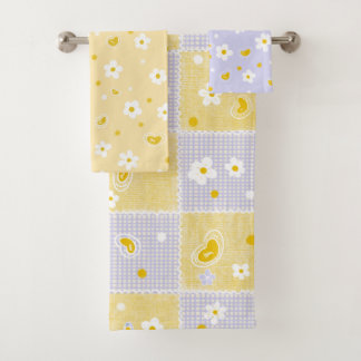 Retro Daisy Floral Pattern Yellow and Purple  Bath Towel Set