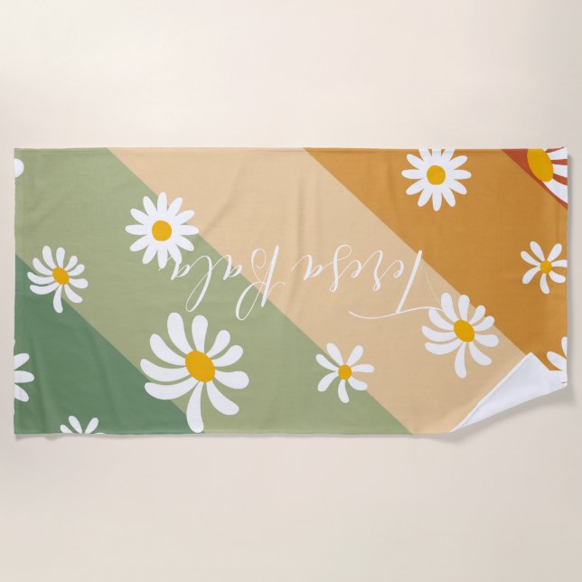 Retro Daisy Floral Rainbow Monogram Beach Towel (Front)
