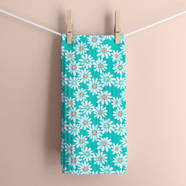 Retro Daisy Florals on Teal Green Tea Towel (Creator Uploaded)