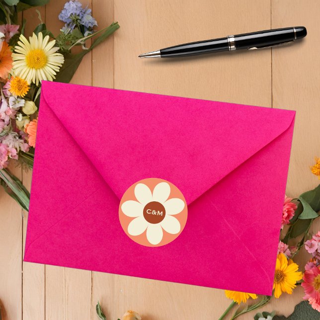 Retro Daisy Flower Boho Wedding Initials Classic Round Sticker (Creator Uploaded)