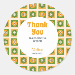 Retro Daisy Flower Checkered Birthday Thank You Classic Round Sticker