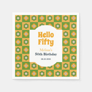 Retro Daisy Flower Checkered Hello Fifty Birthday Napkin