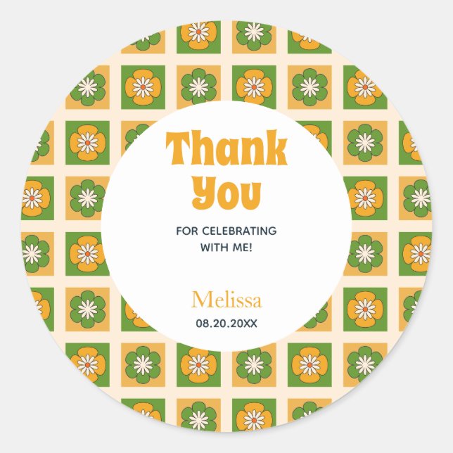 Retro Daisy Flower Chequered Birthday Thank You Classic Round Sticker (Front)