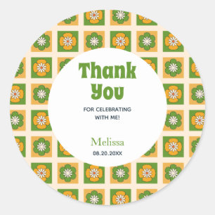 Retro Daisy Flower Chequered Green Thank You Classic Round Sticker